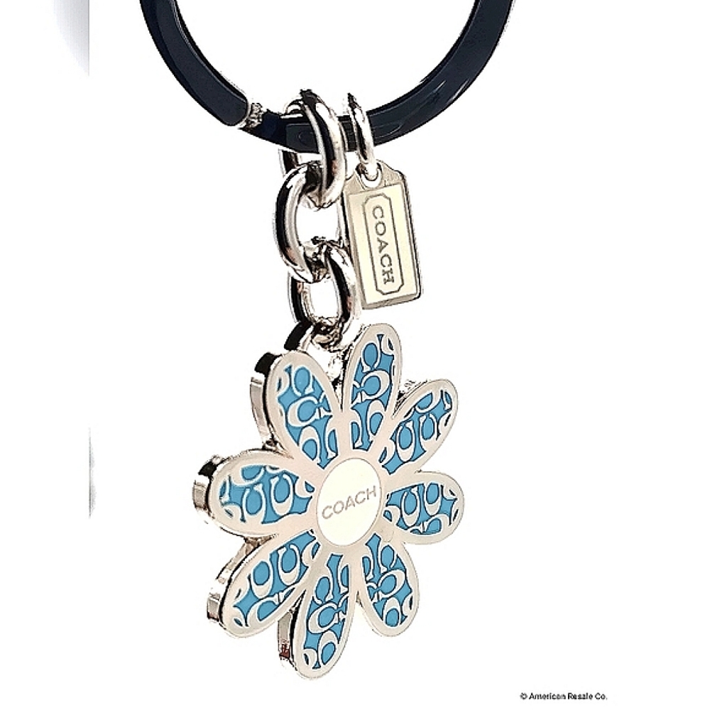 Coach Signature Blue Enamel Daisy Flower Fob Keychain Purse Handbag Tag Charm